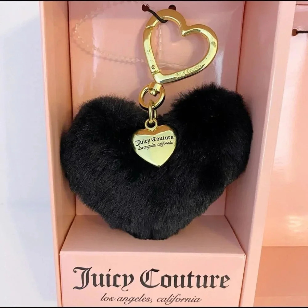 Juicy Couture Black Fur Bag & Heart Pom Pom Keychain Charm Gift Set - Picture 11 of 14